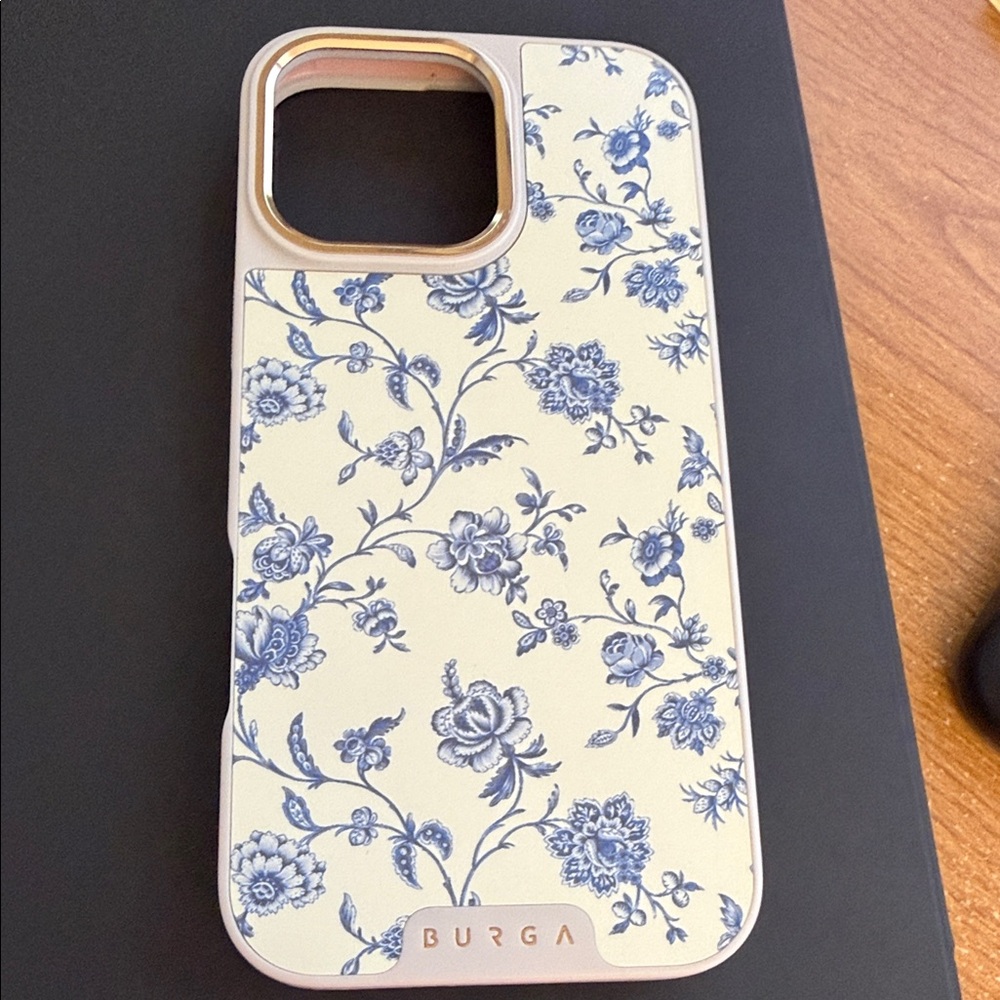 Beautiful Sweetheart Burga phone case cream blue floral. Fits Apple 16 pro Max.